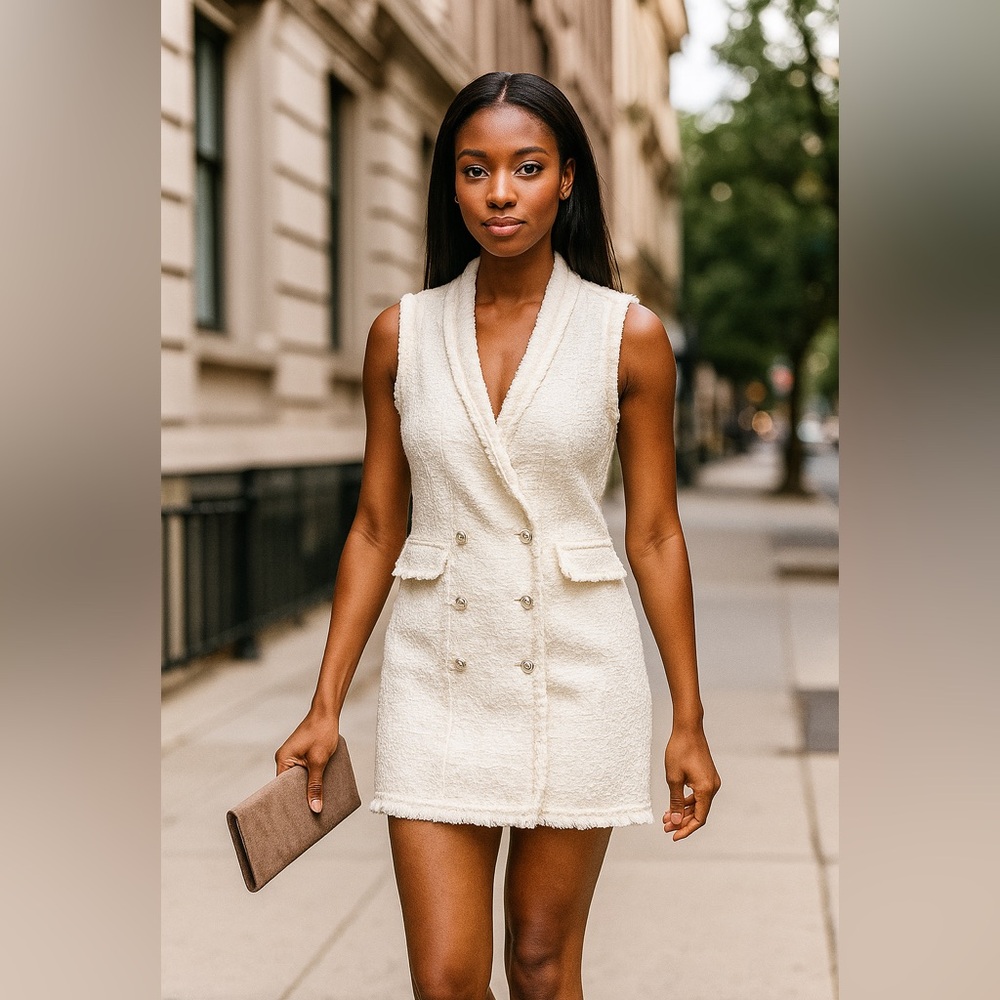 Trixxi White Tweed Sleeveless Blazer Dress Size Lrg Double Breasted Pockets